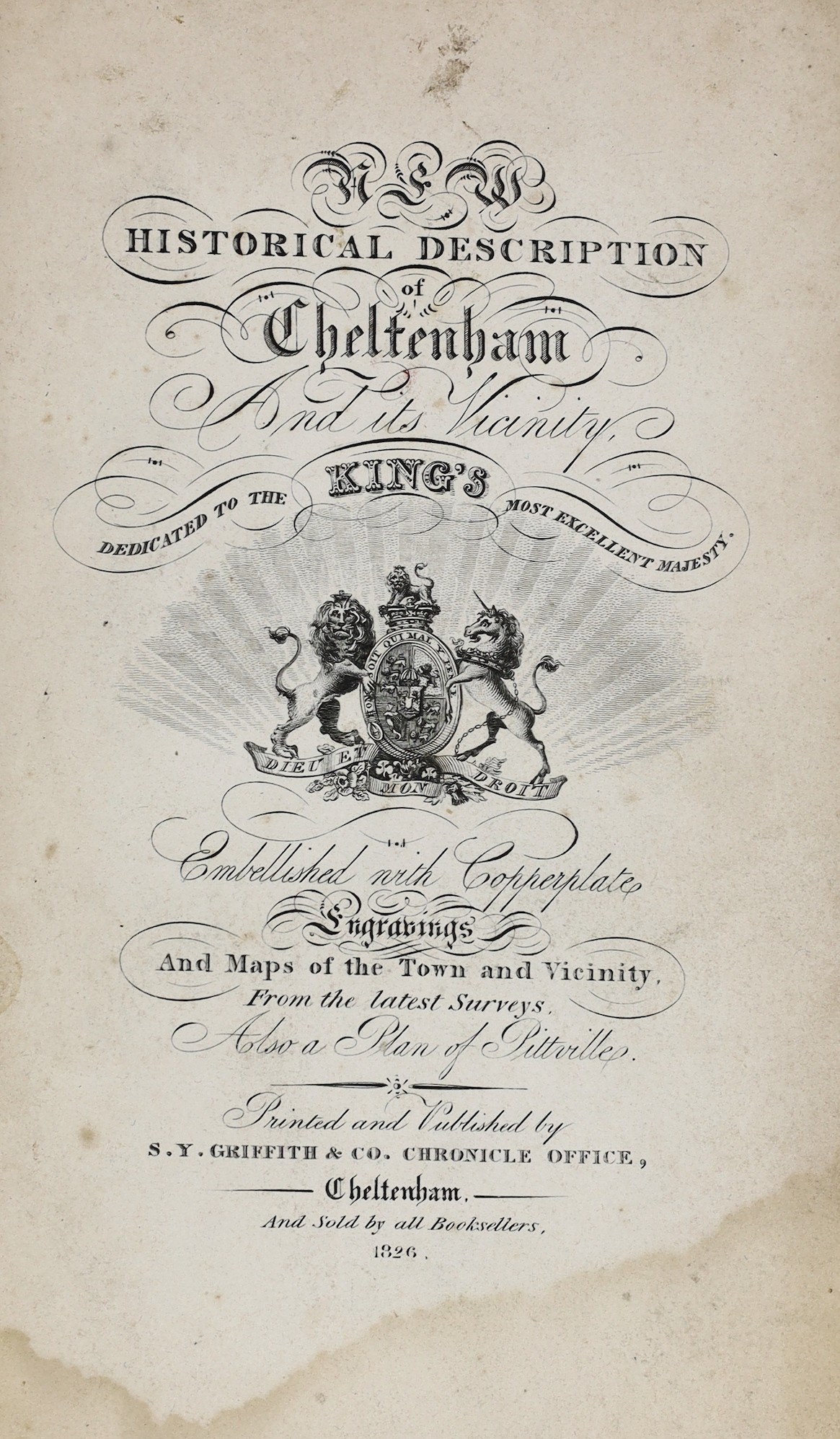 GLOUCS: The New Guide to Cheltenham...the Virtues and Qualities of its Mineral Waters...together with a Sketch of the Surrounding Country... folded map and 4 plates (2 folded); contemp. half calf and marbled boards, 12mo